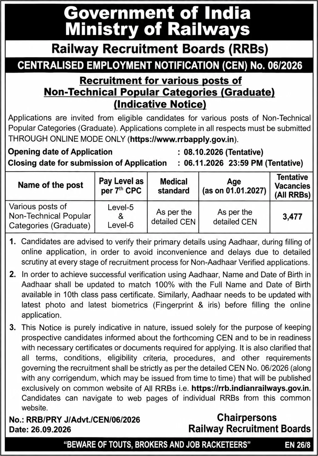 RRB NTPC Graduate Level Recruitment 2026