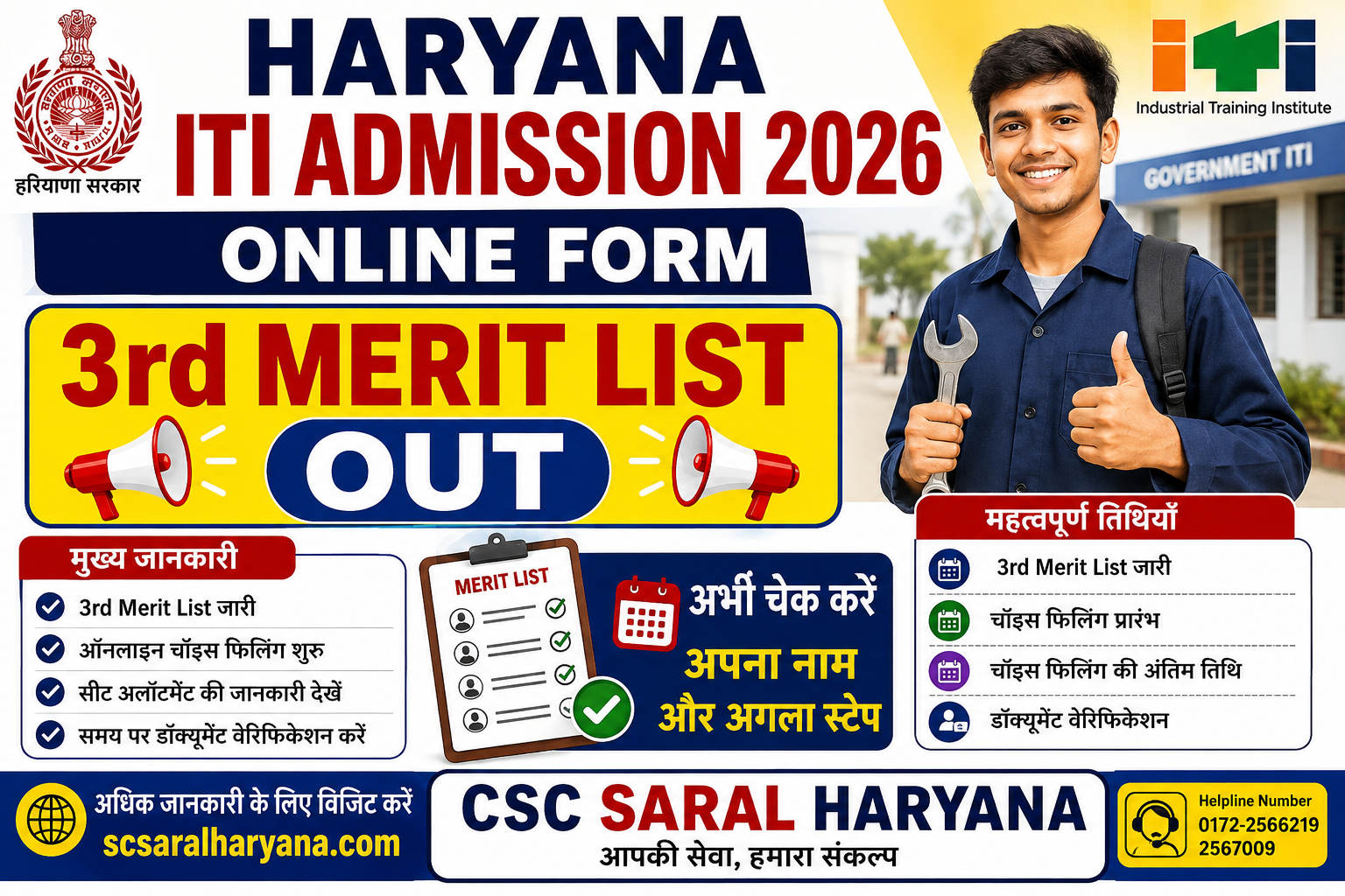 Haryana ITI Admission 2026 Online Form 3rd Merit List Out
