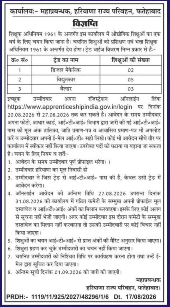 Haryana Roadways Fatehabad Apprentice Recruitment 2026: Applications Open for 10 Posts – Full Details