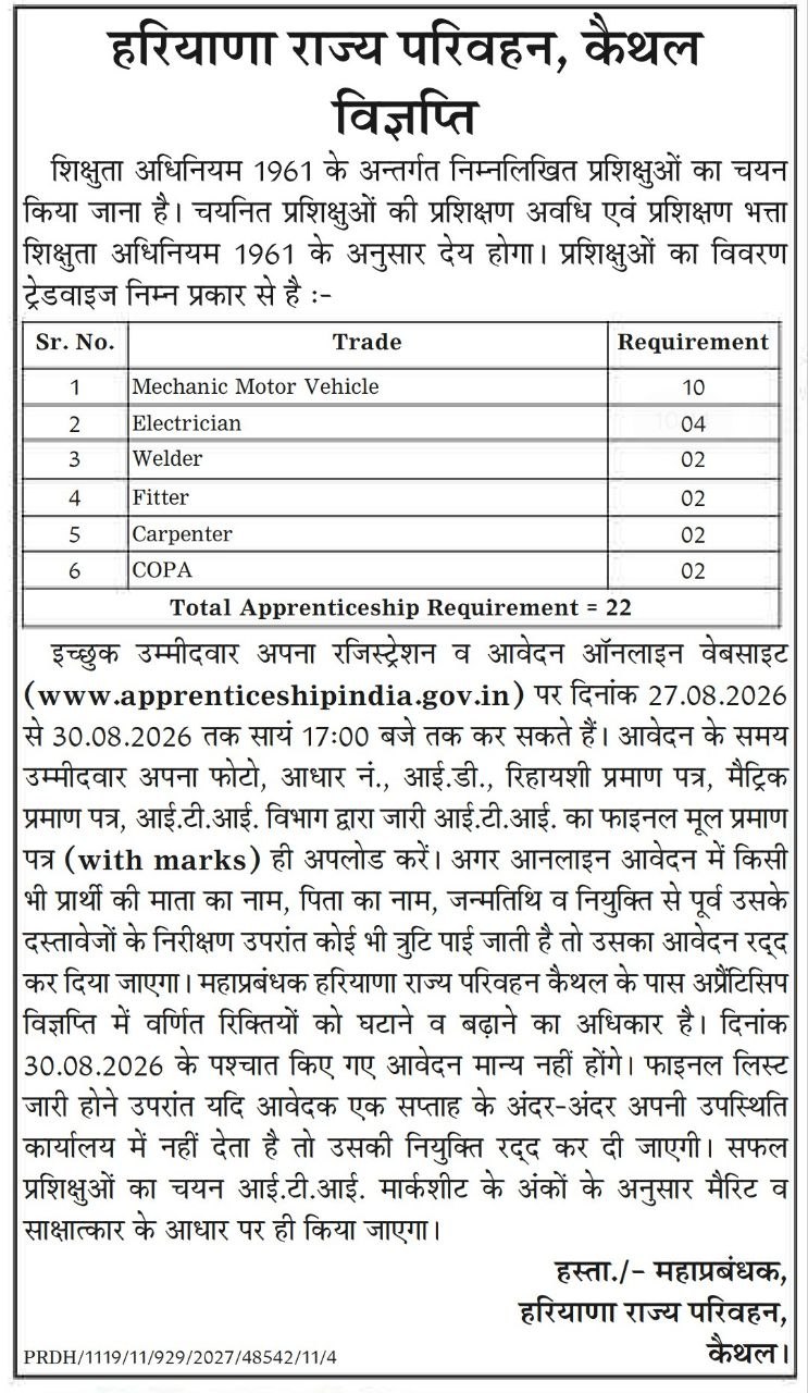 Haryana Roadways kaithal Apprentice Recruitment 2026